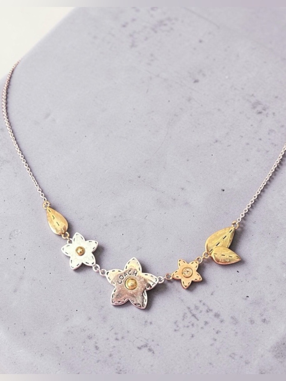 Rare COACH Tea Rose Gold & Silver Floral 16” Necklace w/ 1” Extender/ Leaves
